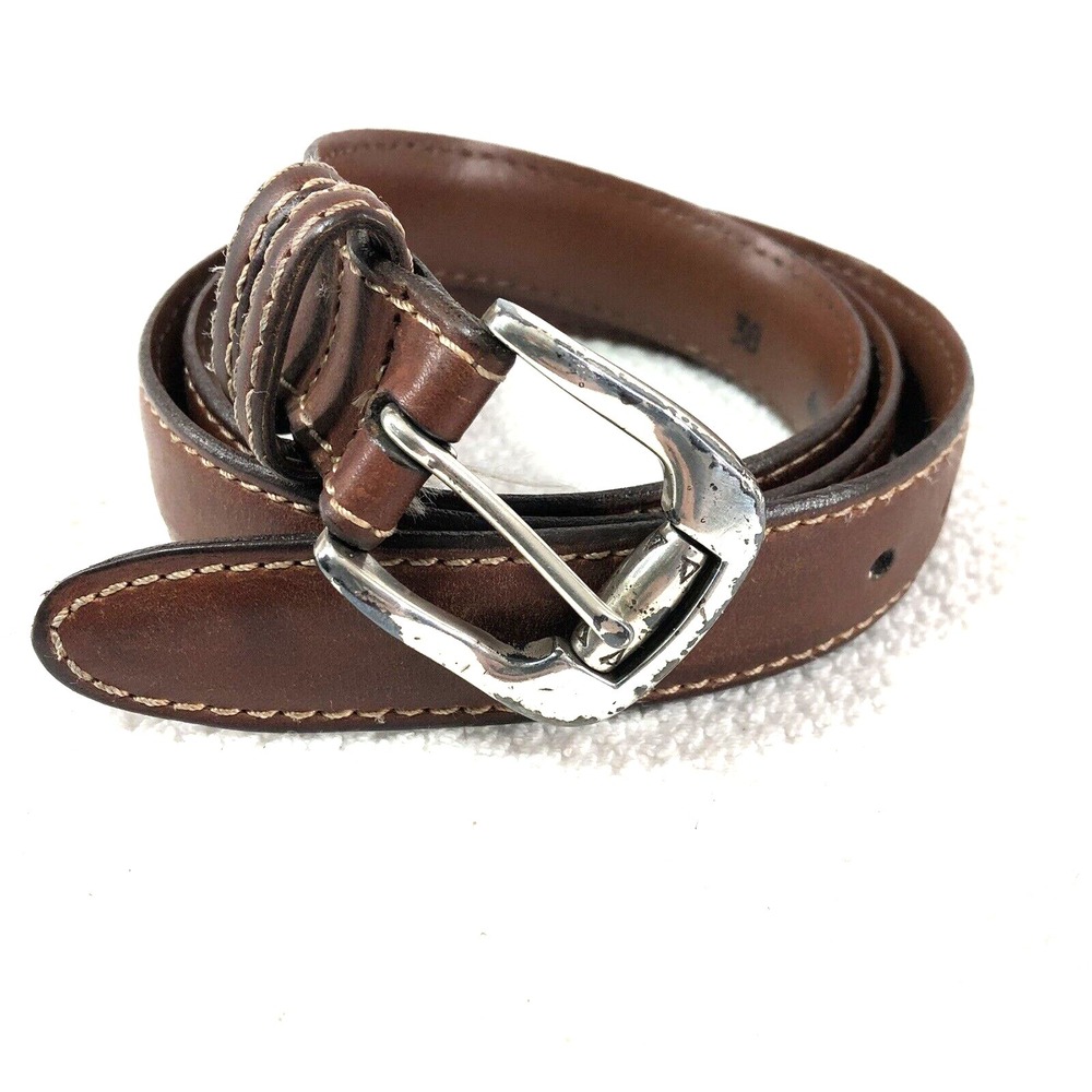 Johnston & Murphy belt mens 36-38 brown leather cowhide dress work stitching USA